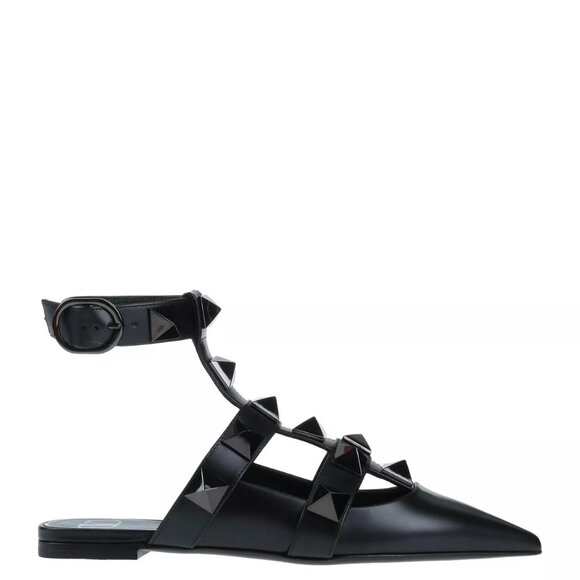 NEW! $1150 Valentino Roman Black Leather Pointed Rockstud Flats Ankle Strap 36 - Picture 1 of 15